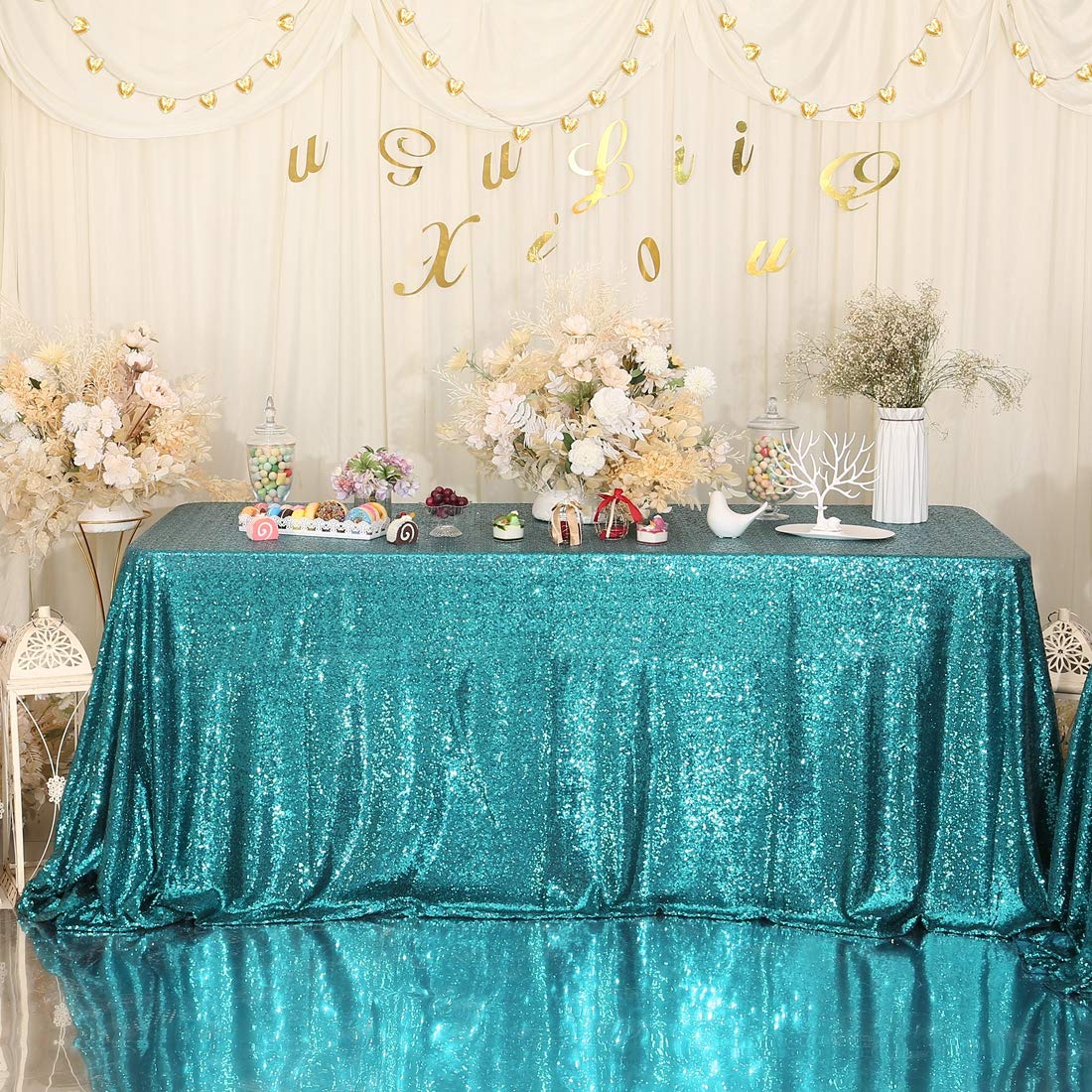 Partydelight 60''X102'' Rectangle Teal Sequin Tablecloth For Wedding, Party, Christmas Decorations